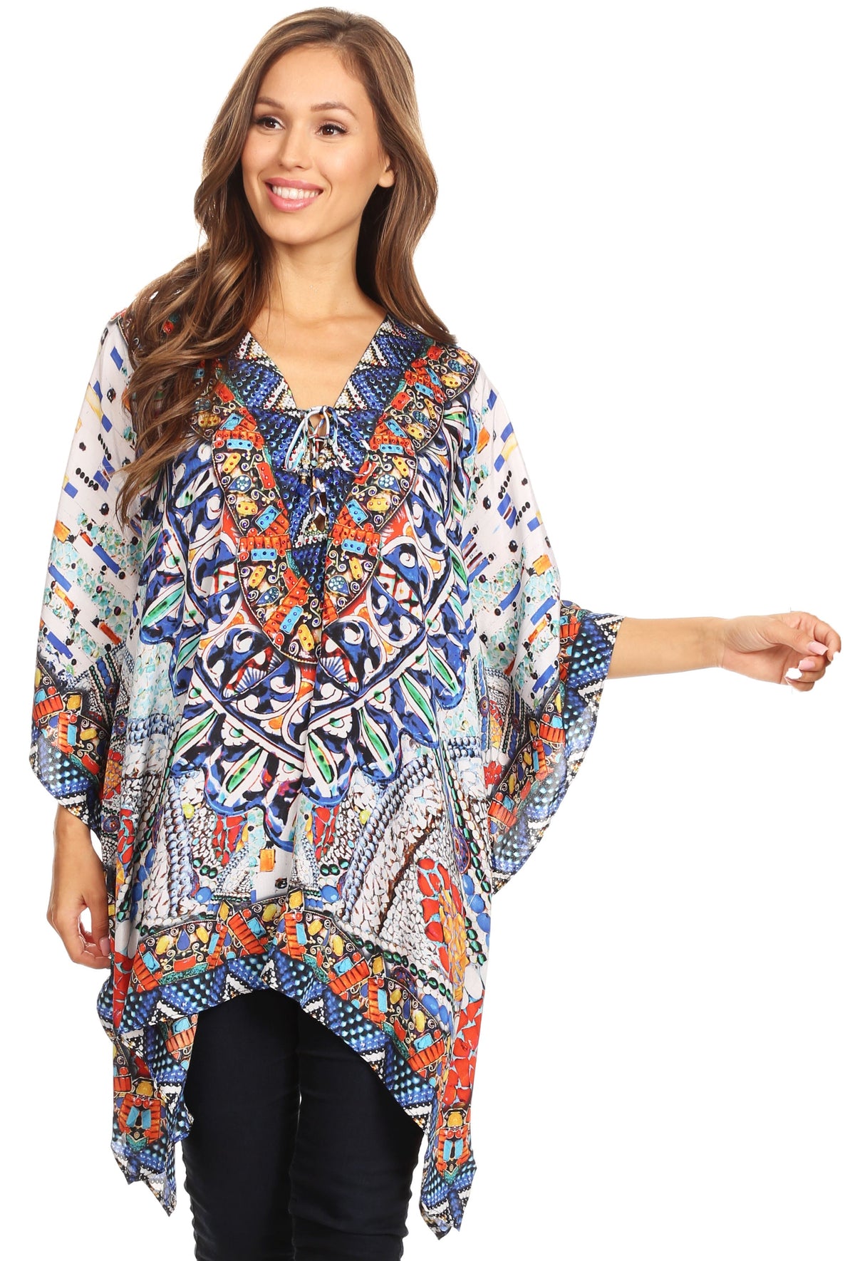 Stylish Rhinestone Lace-Up V-Neck Women's Caftan Poncho Cover-Up by Sakkas Aymee