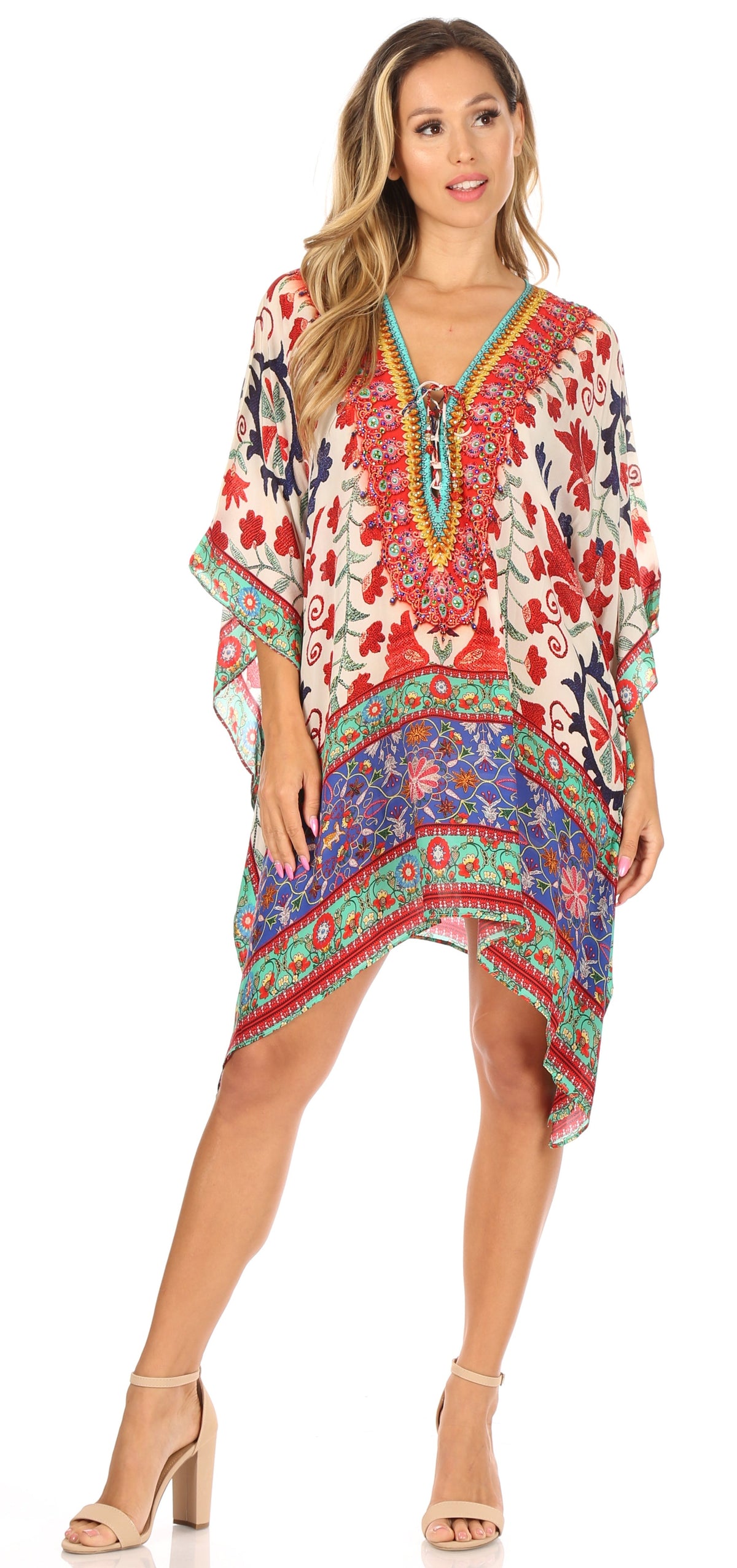 Stylish Rhinestone Lace-Up V-Neck Women's Caftan Poncho Cover-Up by Sakkas Aymee