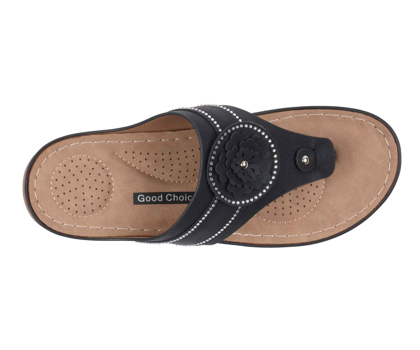 Women's Vickie Black Flower Thong Flat Comfort Sandals