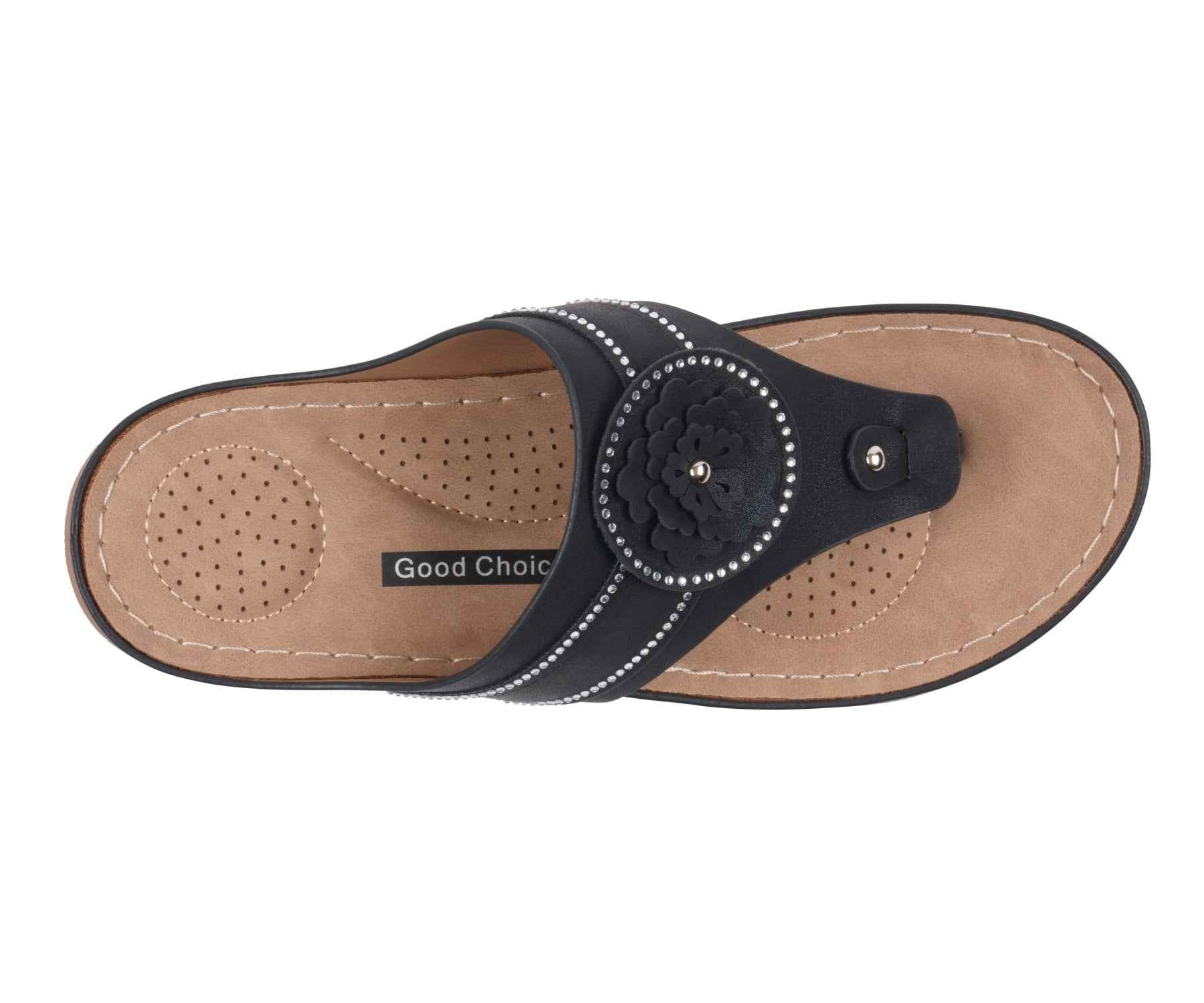 Women's Vickie Black Flower Thong Flat Comfort Sandals