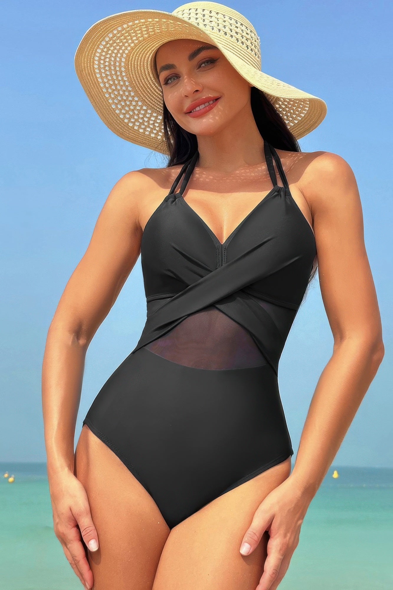 Color Block Halter Cross Lace One Piece Swimsuit