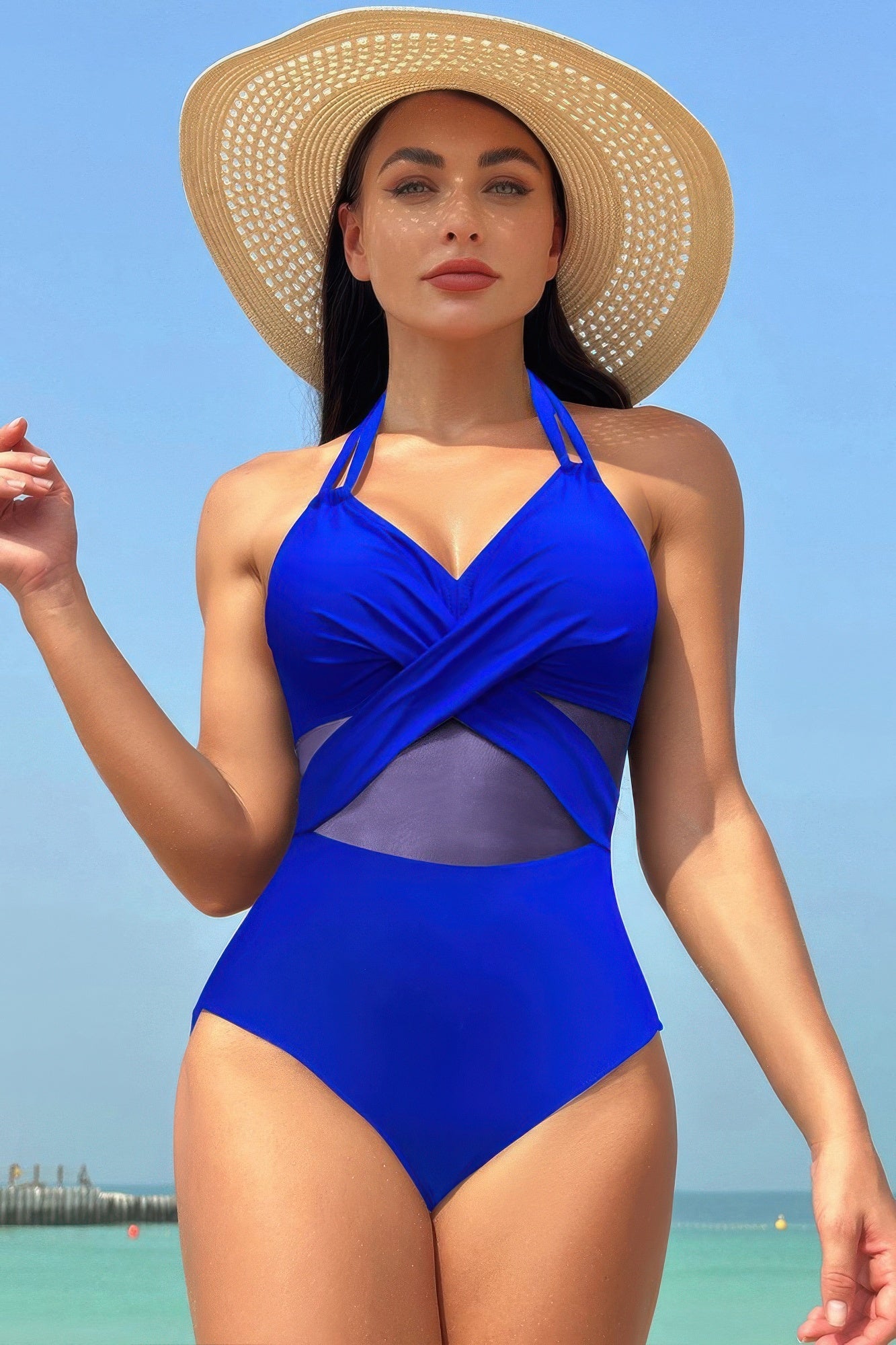 Color Block Halter Cross Lace One Piece Swimsuit