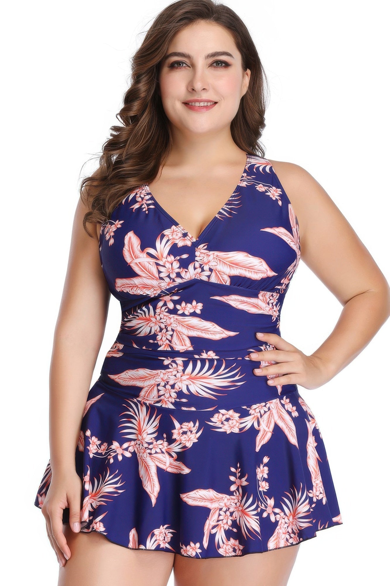 Plus Size Solid Ruffle V Neck Fit Swimsuits