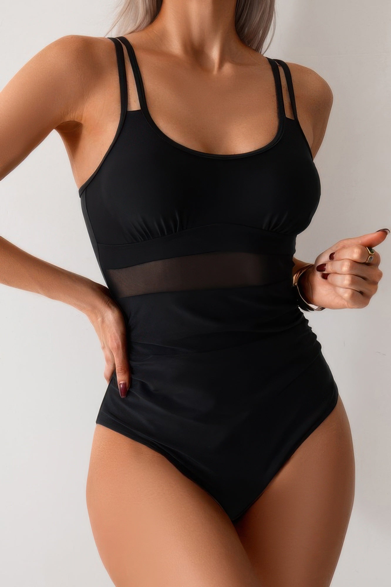Solid Square Neck Double Strap Mesh Swimsuit