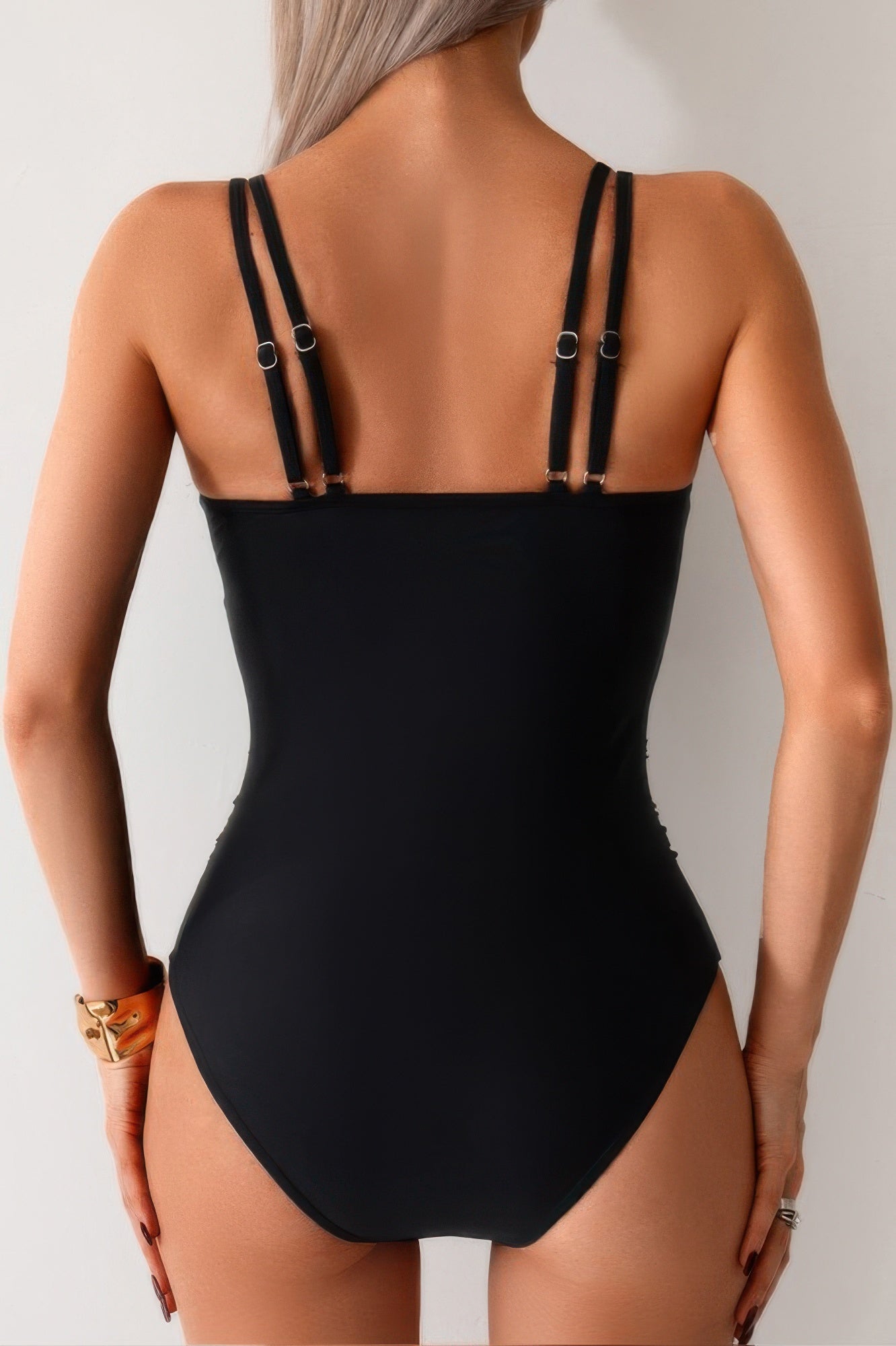 Solid Square Neck Double Strap Mesh Swimsuit