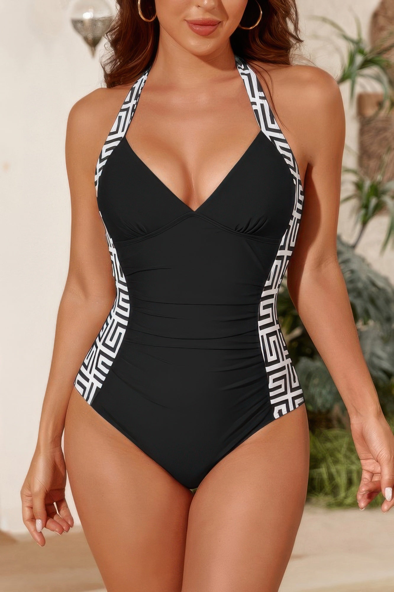Printed Halter Deep V Neck Bodycon Swimsuit