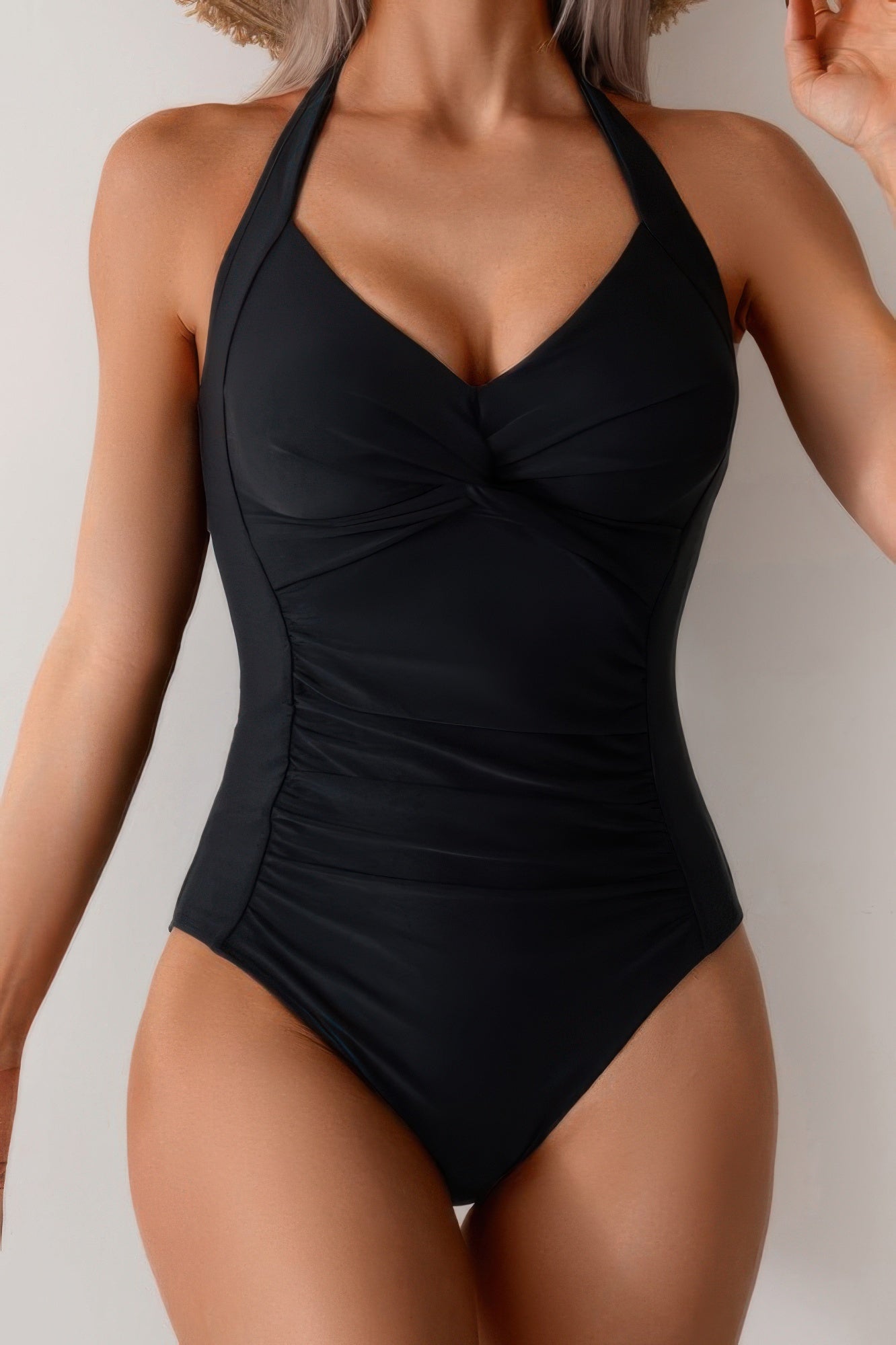 V Neck Halter One Piece Ruched Backless Swimsuit