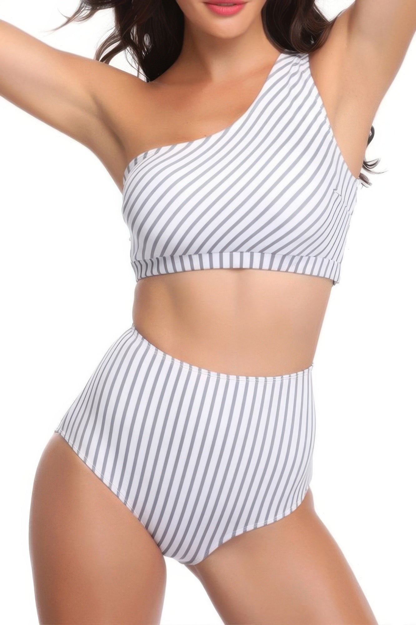 Solid Two Pieces One Shoulder High Cut Swimsuit