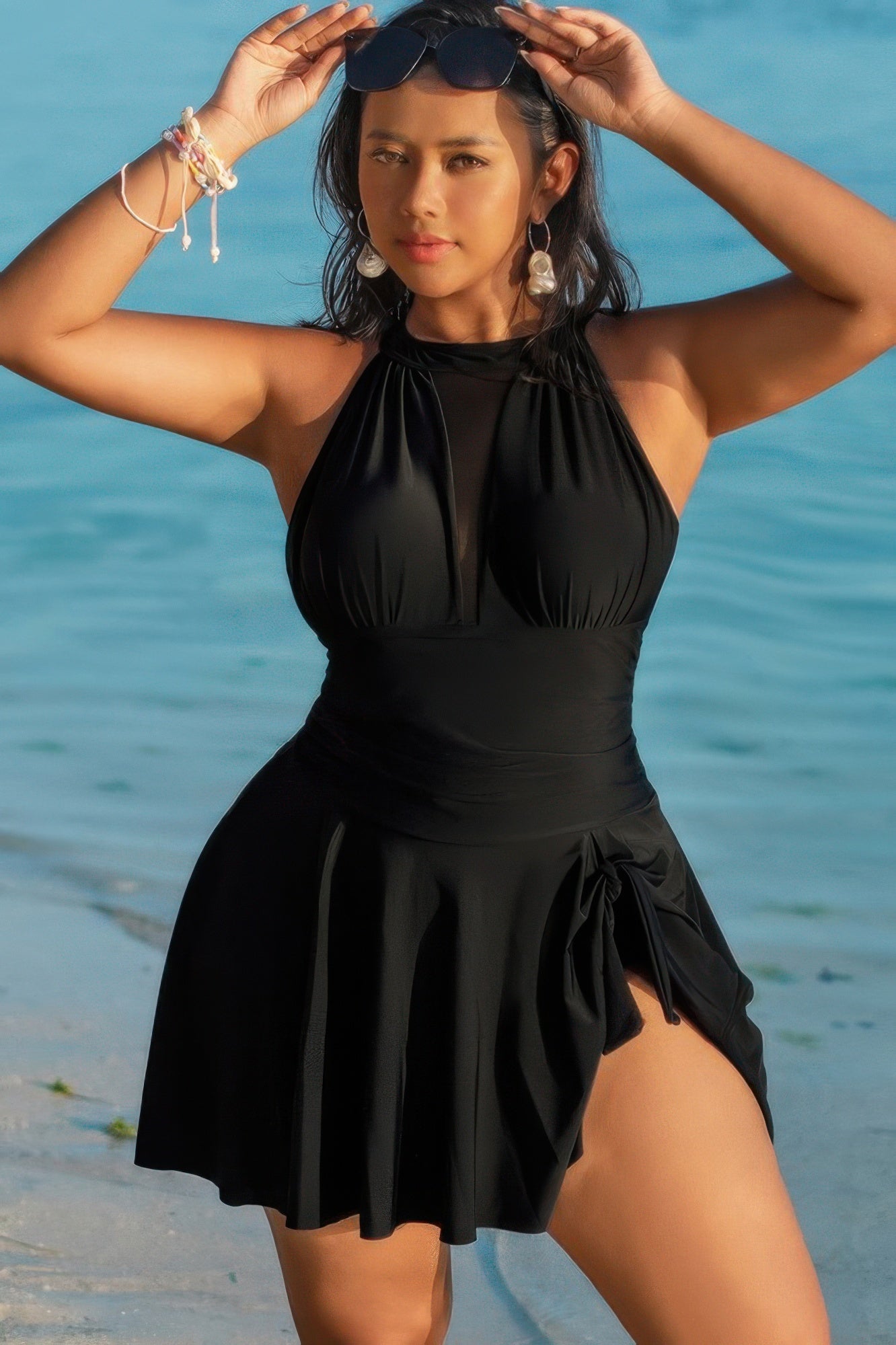 Plus Size Halter Ruched Sleeveless Swim Dress