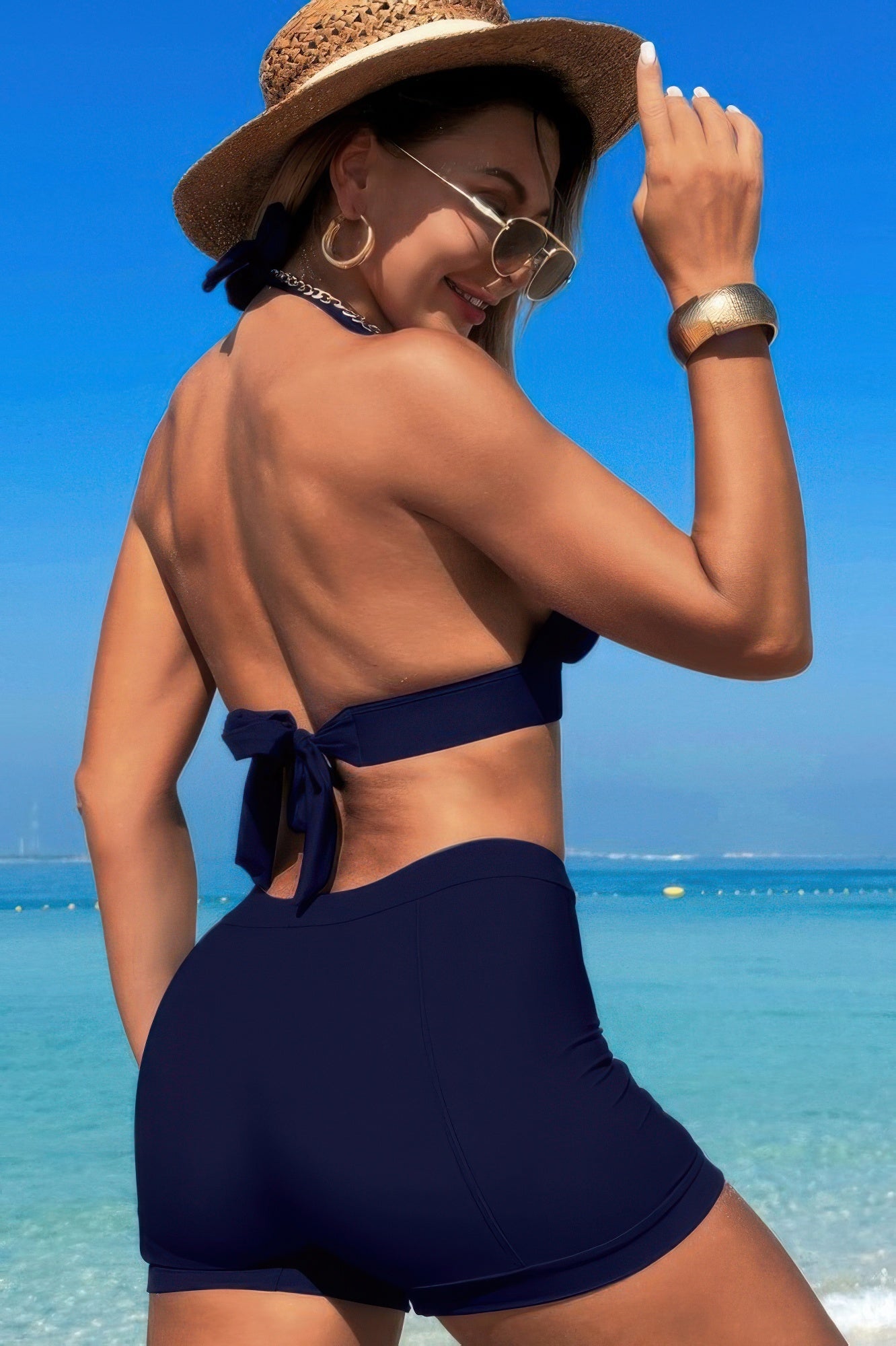 Two Pieces Solid Halter V Neck High Waist Swimsuit