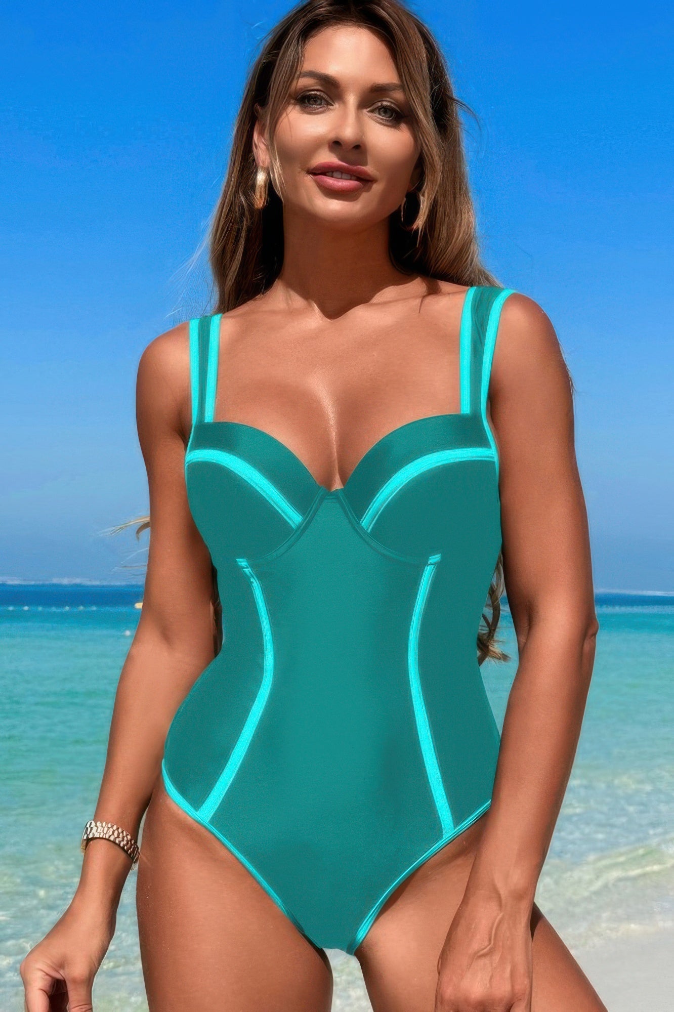 Stripe Sweetheart Neckline One Piece Swimsuit