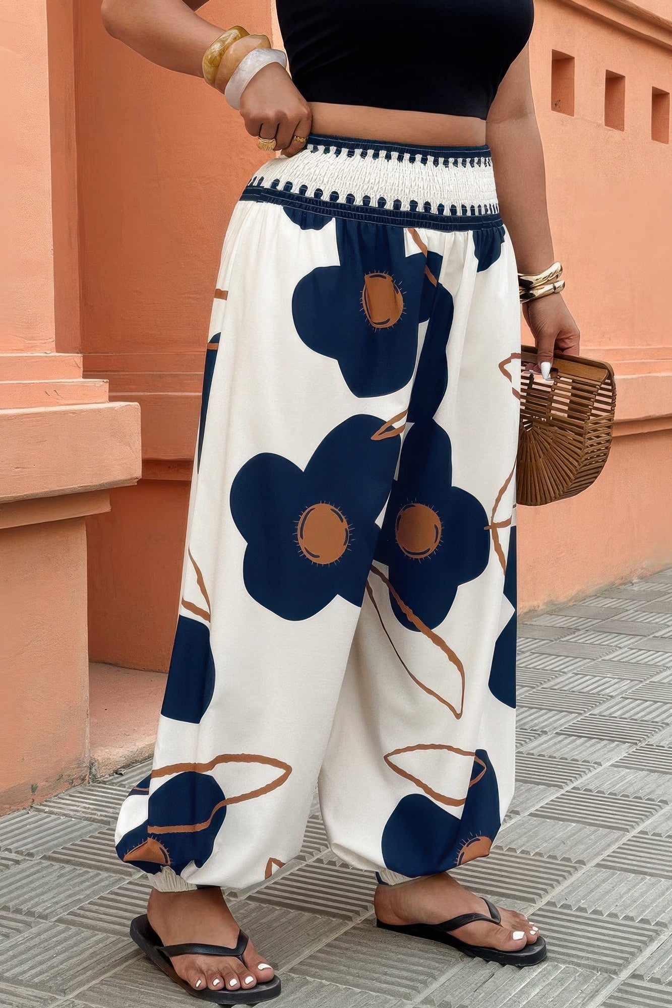 Plus Size Floral Print Elastic Waist Pants