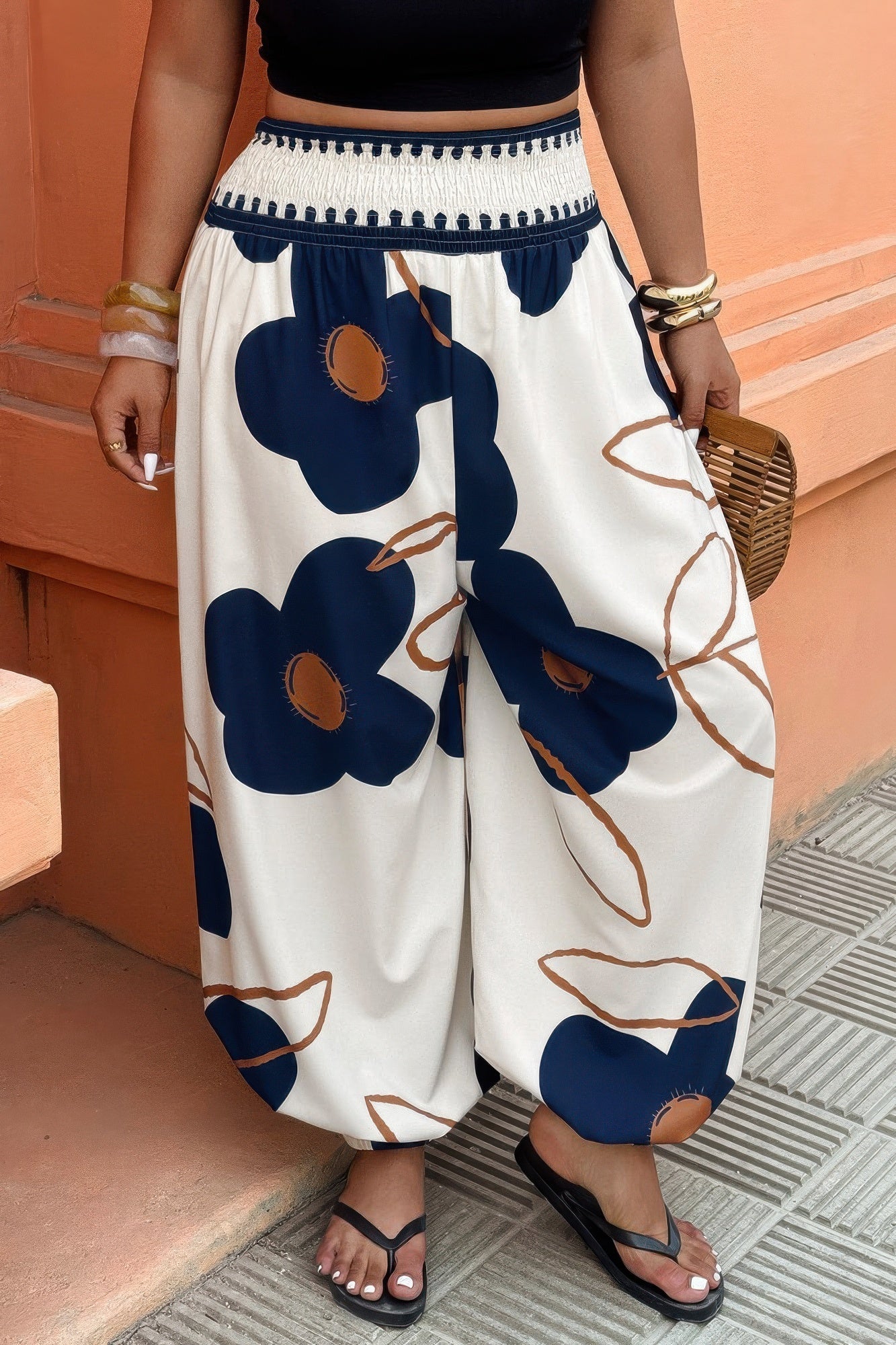 Plus Size Floral Print Elastic Waist Pants