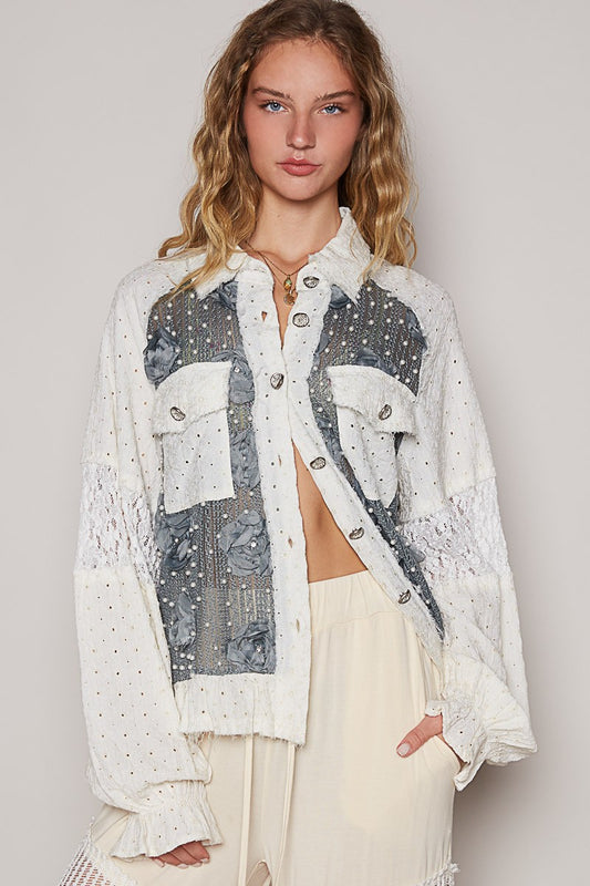 POL Eyelet Flower Pearl Detail Lace Patchwork Shirt Charcoal Cream