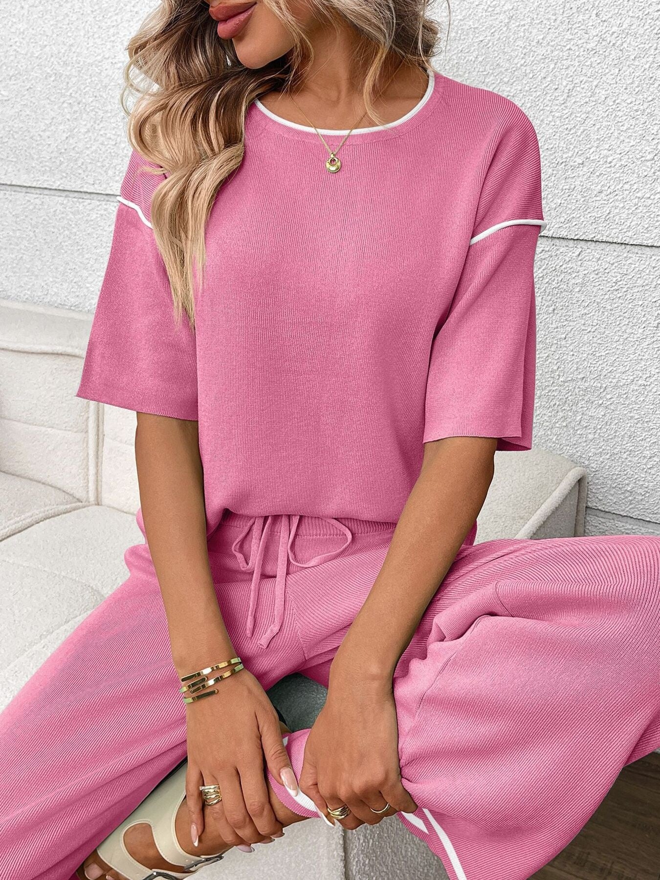 Round Neck Half Sleeve Top and Pants Set
