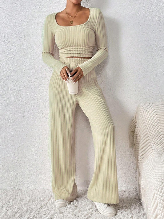 Honey Scoop Neck Long Sleeve Top and Pants Set Khaki
