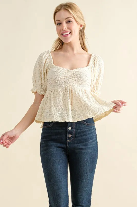 And The Why Lovely Textured and Smocked Top CREAM