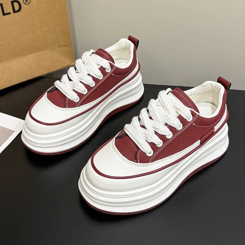 Lace-Up Contrast Platform Sneakers Deep Red
