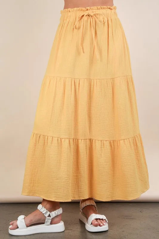 VERY J Elastic Waist Tiered Maxi Skirt Yellow