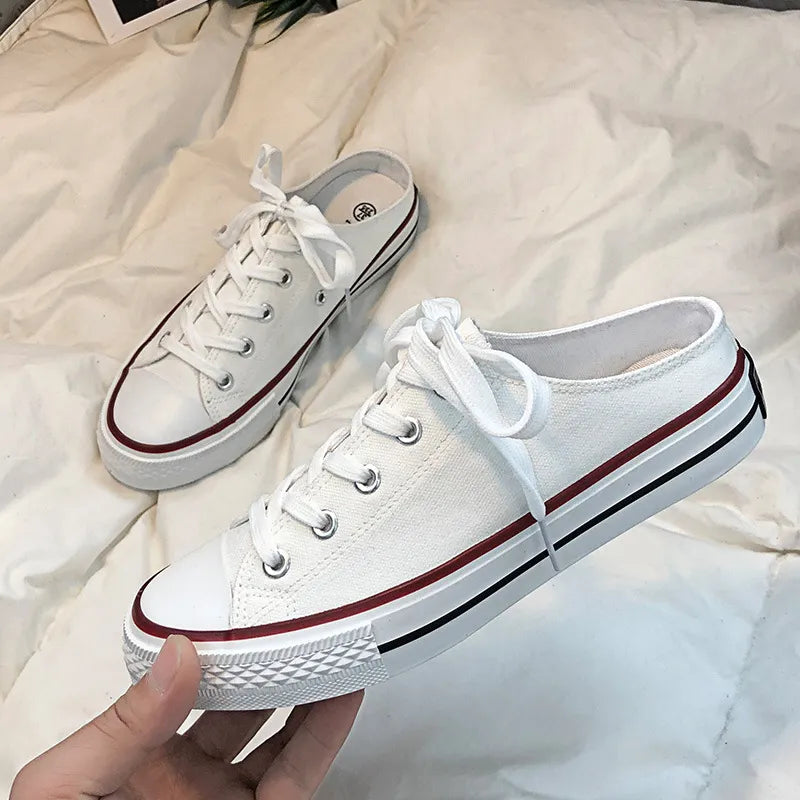 Round Toe Lace-Up Canvas Sneakers White