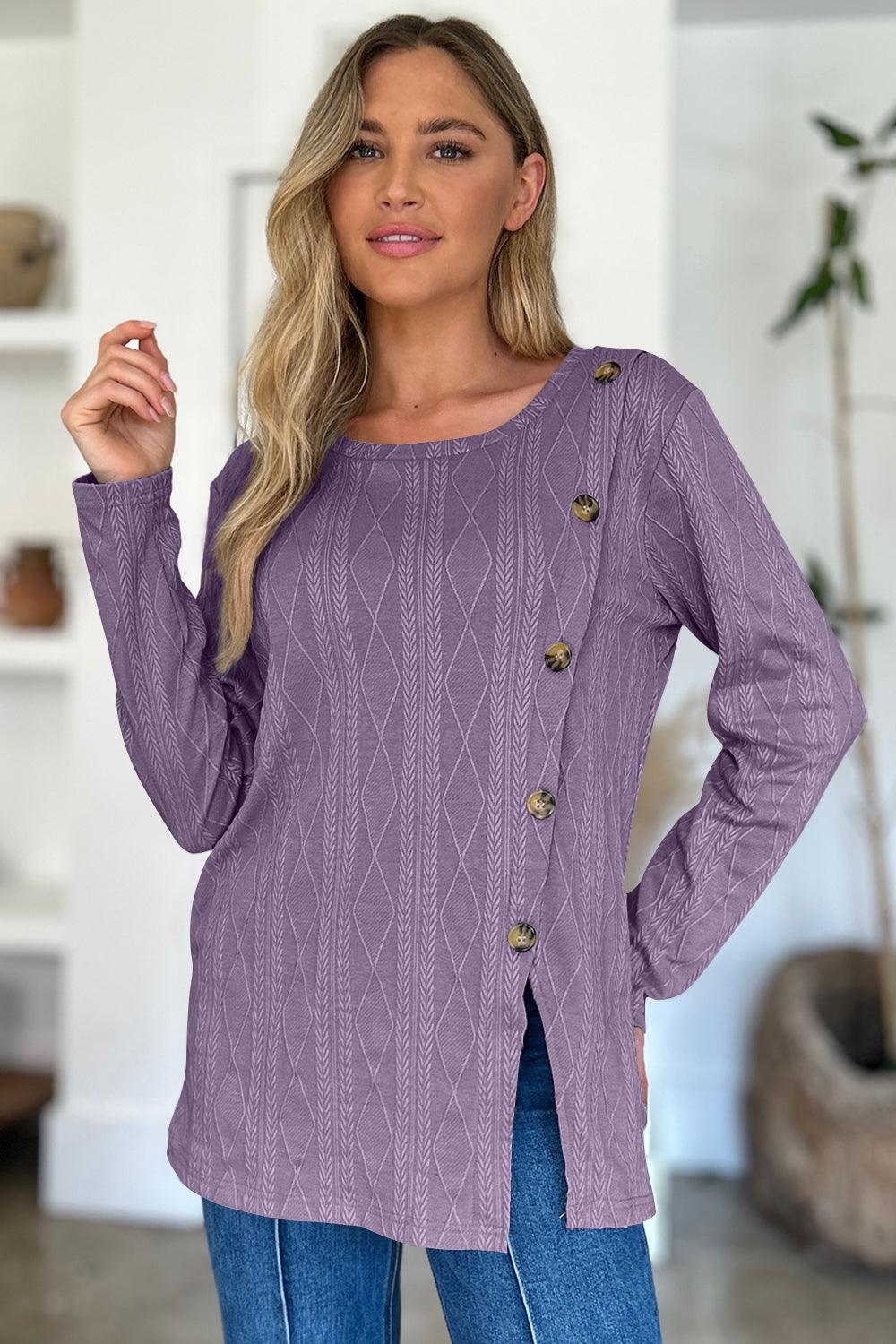 Slit Round Neck Long Sleeve T-Shirt Lilac