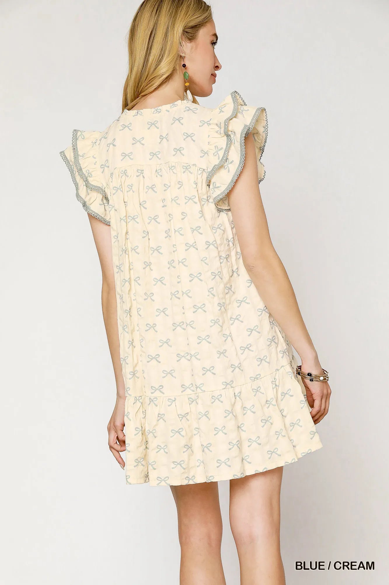 Umgee Bow Print Ruffled Cap Sleeve Mini Dress