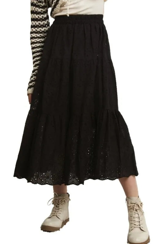 ADORA Elastic Waistband Tiered Midi Skirt Black