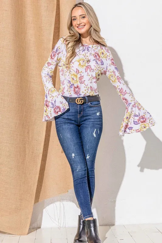 And The Why Floral Printed Bell Sleeve Casual Top MUSTARD MAUVE