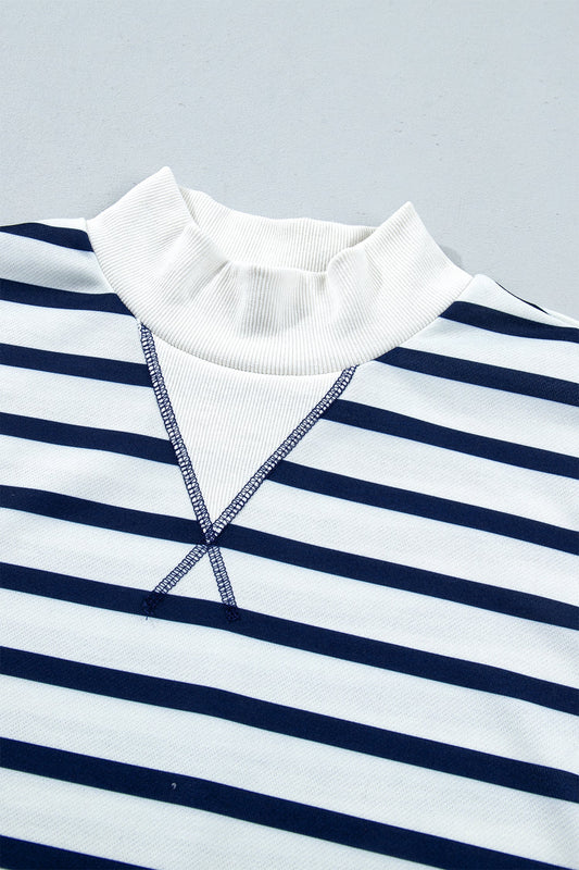 Stripe Ribbed Trim Stand Neck Long Sleeve Sweatshirt