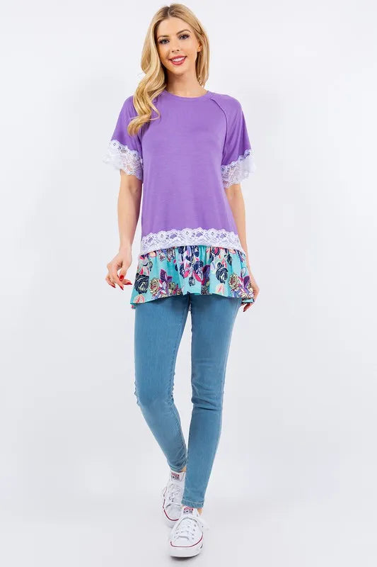 Celeste Full Size Lace Trim Short Sleeve Top Plus Size