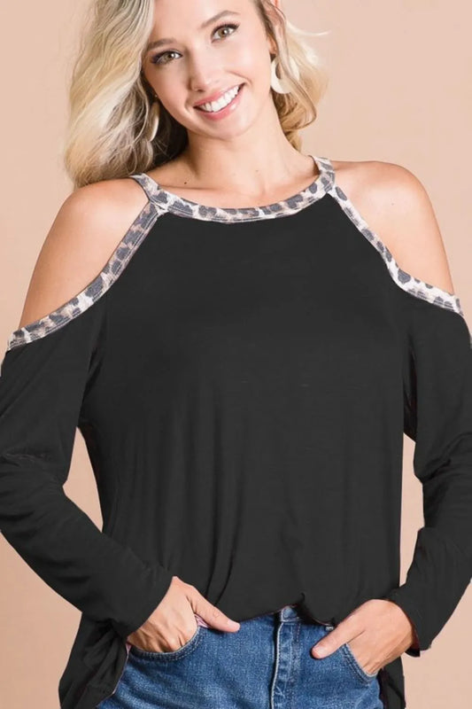 BiBi Jersey Knit Cold Shoulder Top with Leopard Neck BLACK