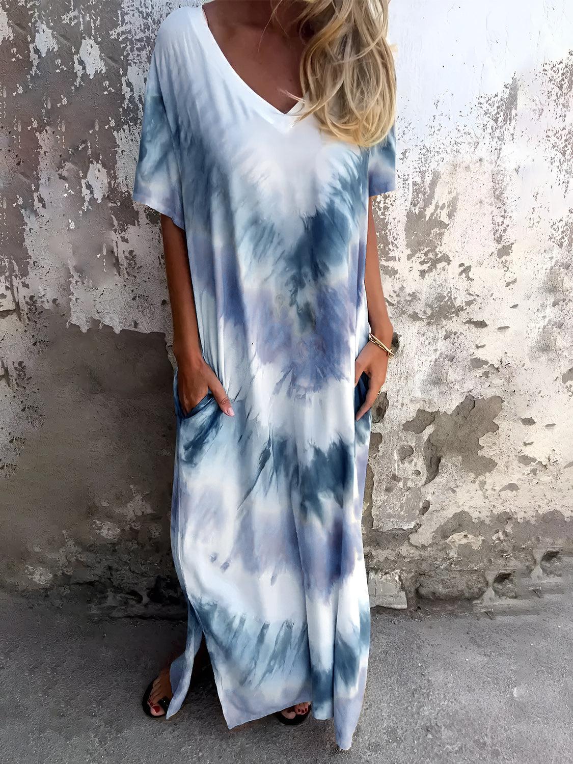 Full Size Pocketed Tie-Dye Short Sleeve Dress Dusty Blue