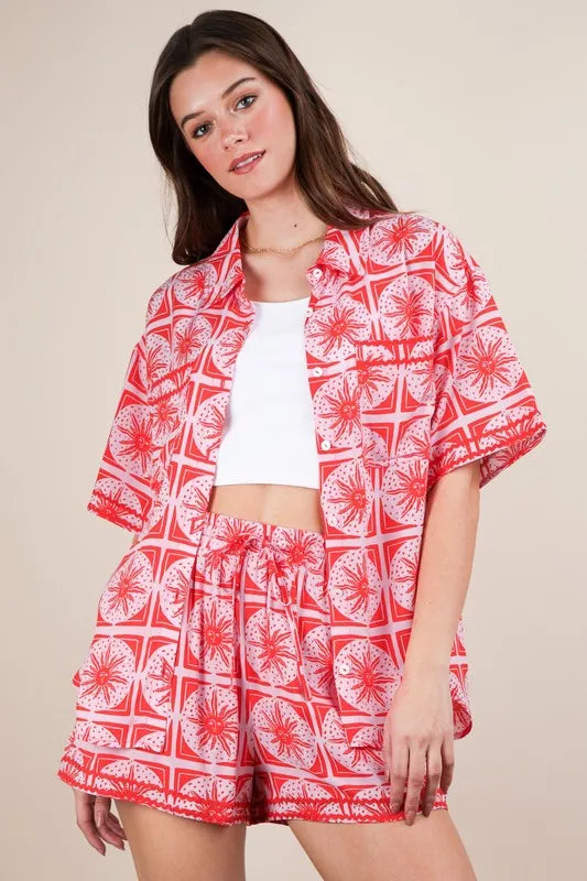VERY J Full Size Tropical Printed Shirt Top and Shorts Set Plus Size Tomato