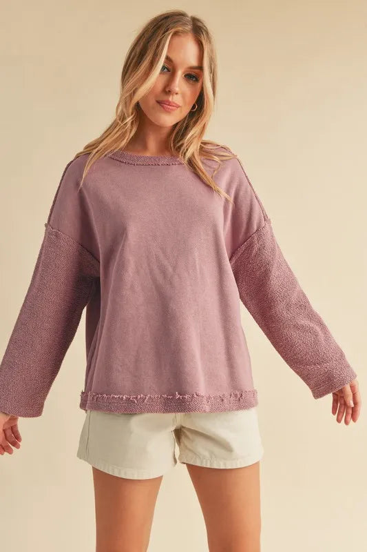 Aemi + Co Frayed Edge Round Neck Sweatshirt Dusty Pink