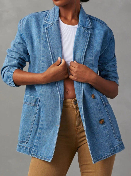 Pocketed Lapel Collar Long Sleeve Denim Jacket Dusty Blue