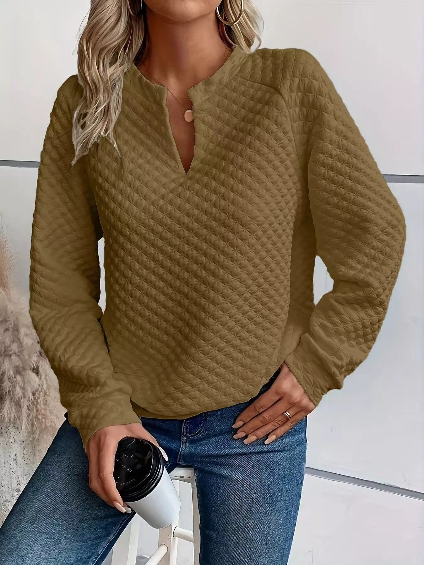 Quilted Texture Long Sleeve Sweatshirt with Notched Neck