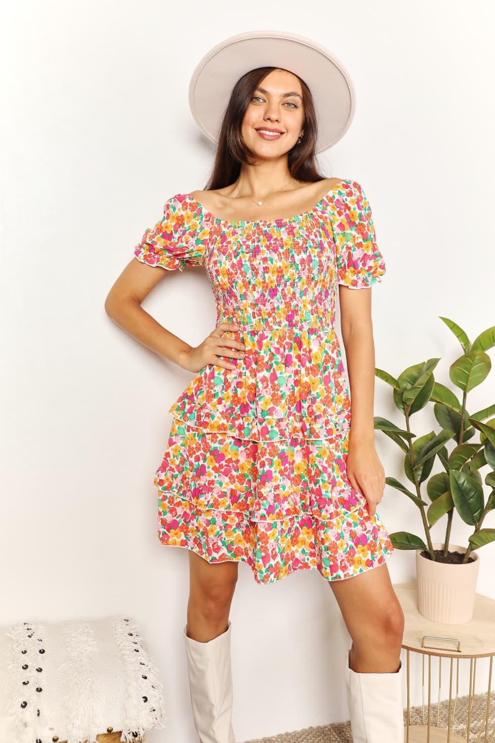 Double Take Smocked Sweetheart Neck Flounce Sleeve Mini Dress Strawberry