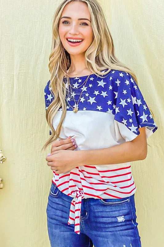 And The Why American Flag Print Tie Knot Front Casual Top RED NAVY