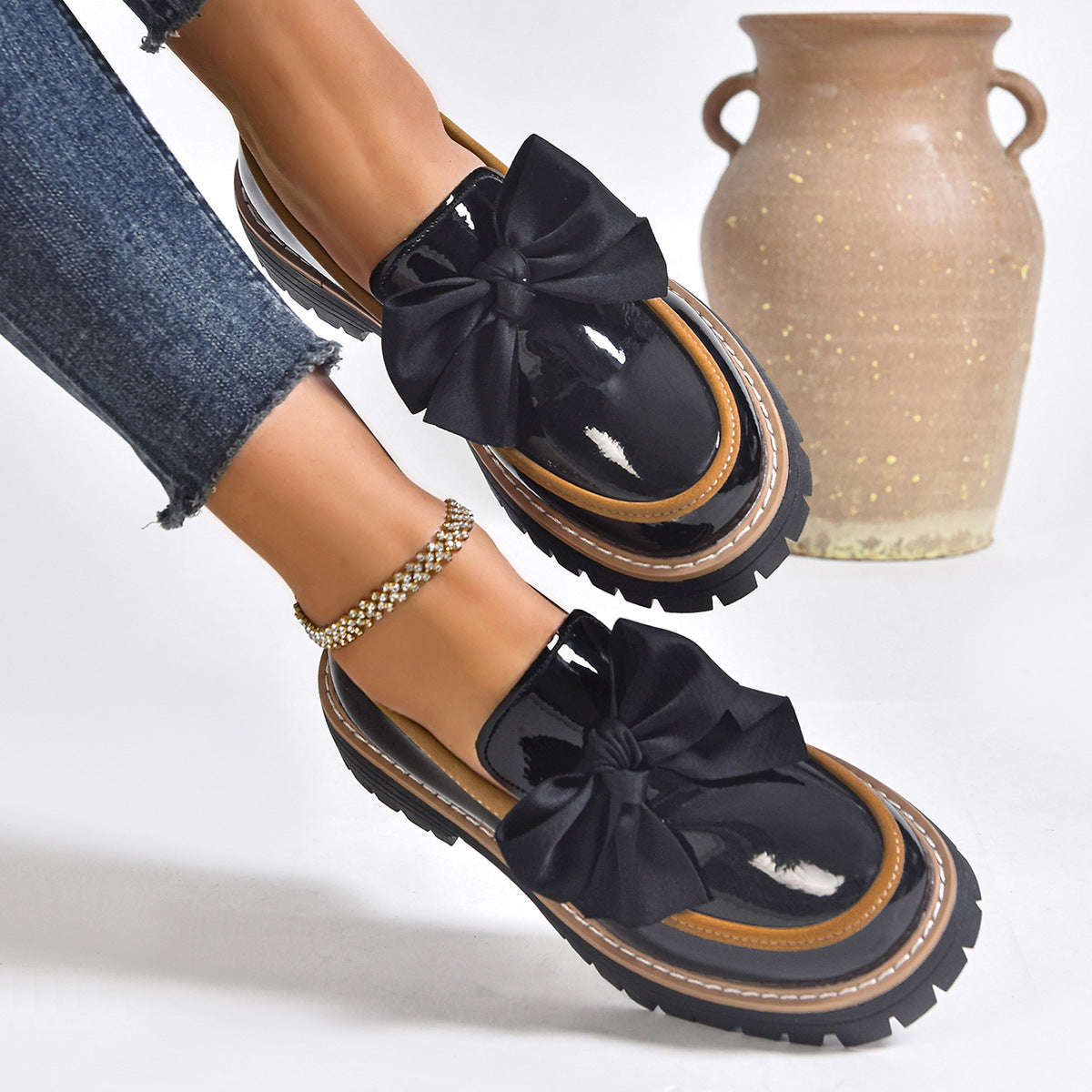 Women's Patent Leather Chunky Heel Loafers | Color-Block Slip-On Shoes EU 36–43