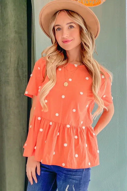 And The Why Pom Pom Polka Dots Short Sleeve Top CORAL