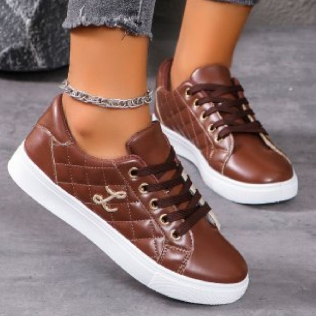 Lace Up Round Toe Sneakers Brown