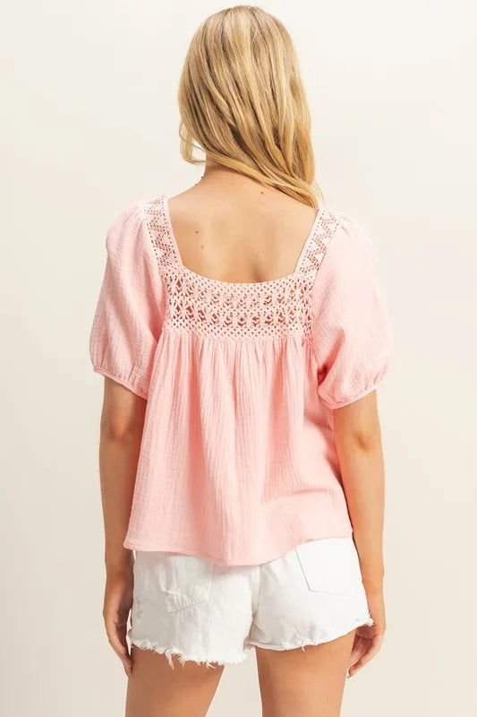 HYFVE Crochet Detail Puff Sleeve Peasant Top