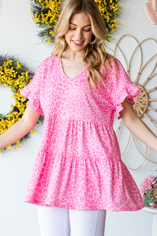 Heimish Full Size Leopard Ruffle Trim Short Sleeve Top PINK