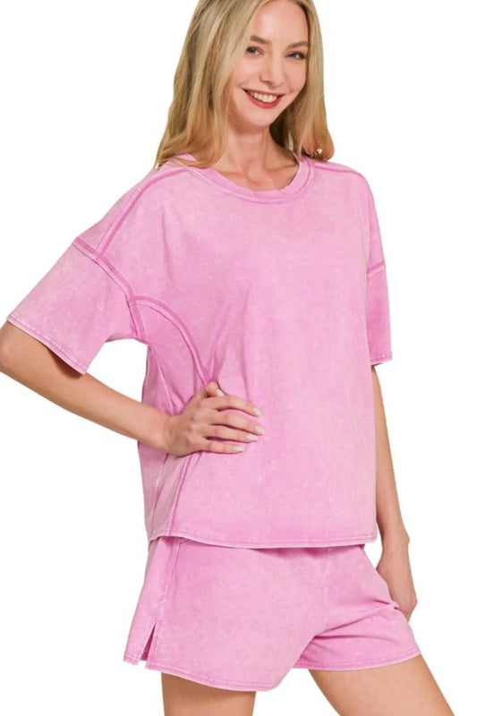 Zenana Acid Washed Short Sleeve Tee & Shorts Set MAUVE