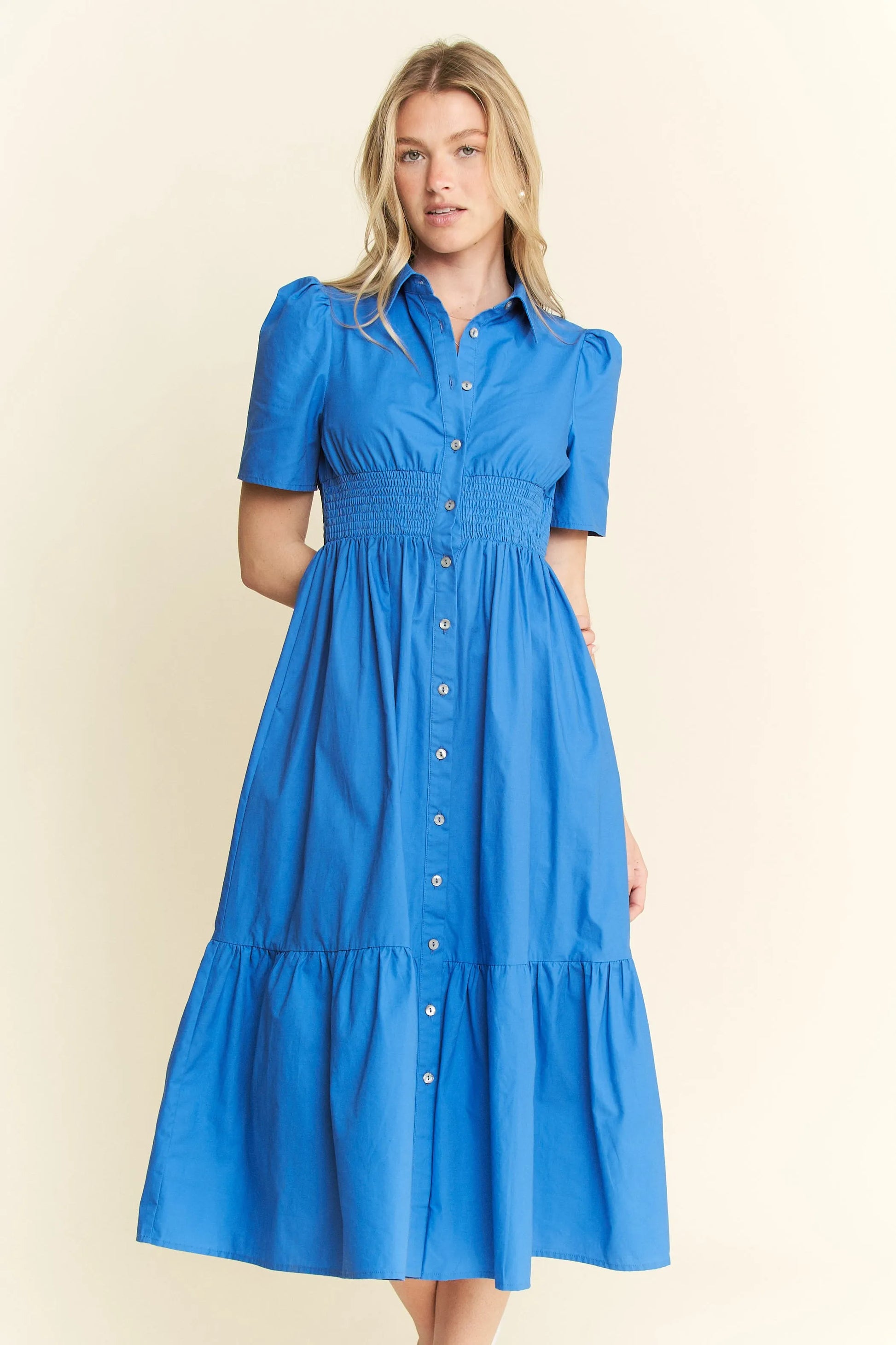 Jade By Jane Short Sleeve Button Down Midi Dress BLUE
