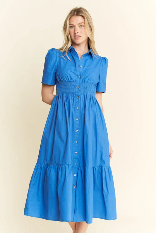 Jade By Jane Short Sleeve Button Down Midi Dress BLUE