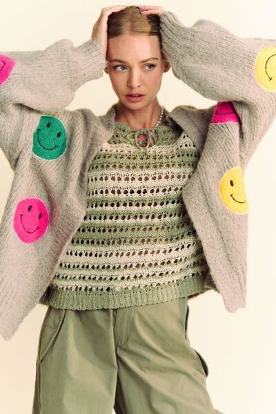 Davi & Dani Fuzzy Smile Open Front Long Sleeve Cardigan Gray