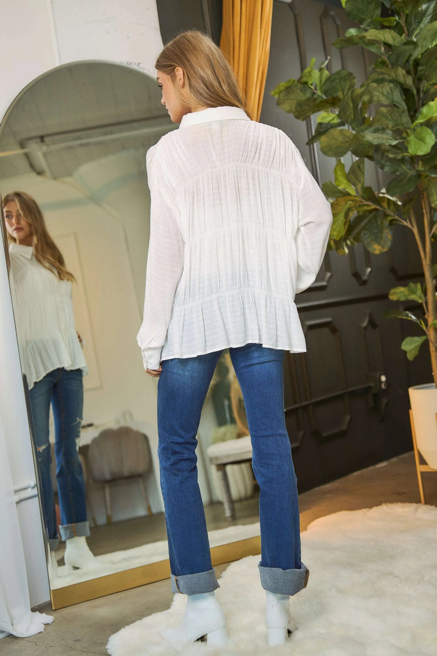Davi & Dani Ruched All Over Button Front Shirt