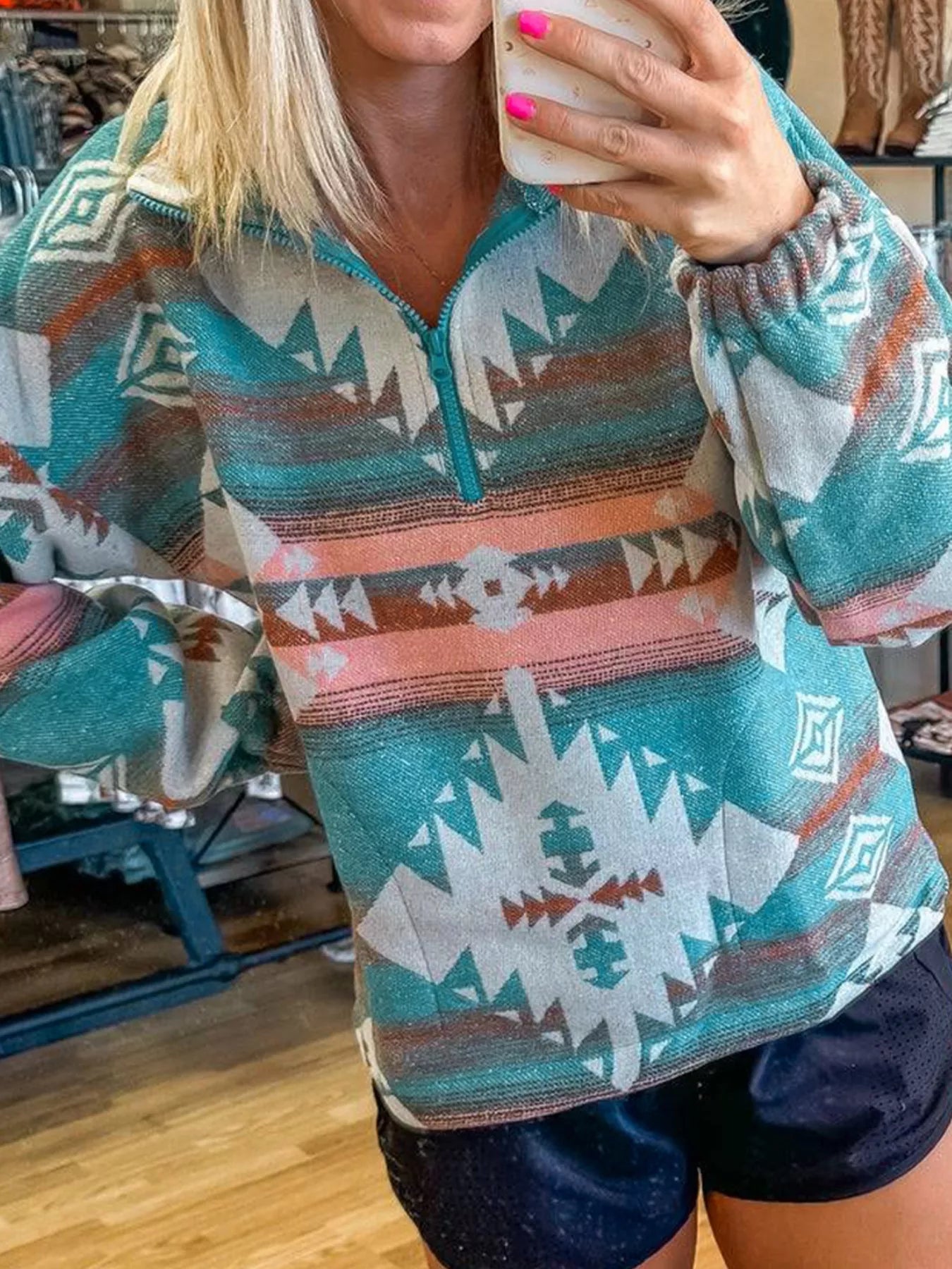 Quarter Zip Elastic Cuffs Aztec Sweatshirt