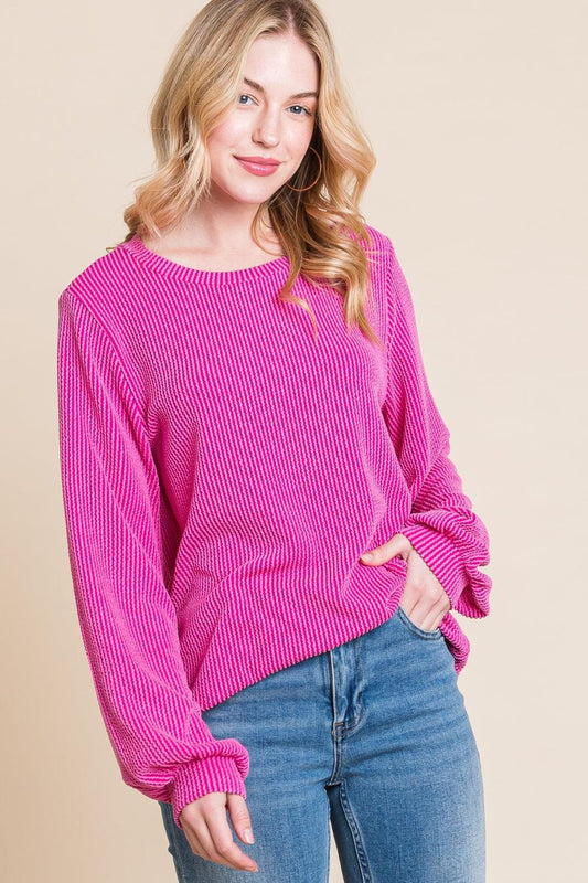 BOMBOM Long Sleeve Curved Hem Ribbed T-Shirt Fuchsia